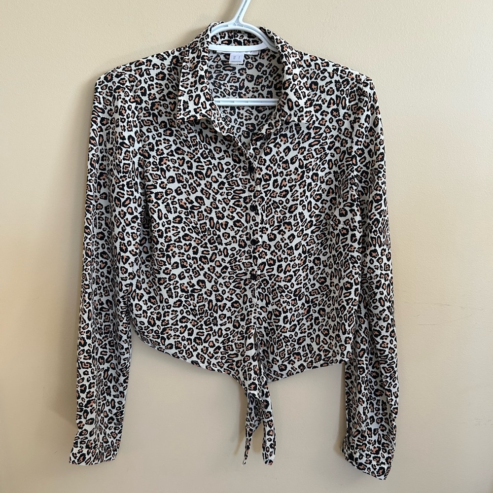 Leopard Print Button-Down Tie Front Shirt Blouse